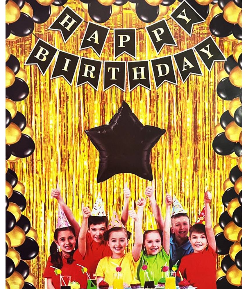     			GARAB Happy Birthday Banner 1 Pc Foil star ( Black )+ 2 pc. Fringe Curtain ( Gold )+ 20 Metallic Balloon ( Black, Gold ) Birthday