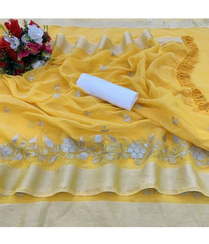     			Gullak Chanderi Embroidered Saree With Blouse Piece ( Yellow , Pack of 1 )