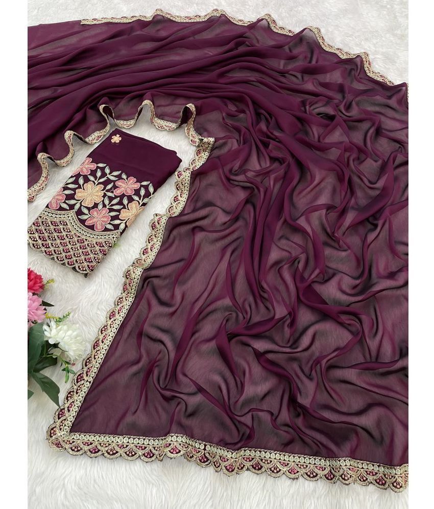     			Gullak Chiffon Embroidered Saree With Blouse Piece ( Purple , Pack of 1 )