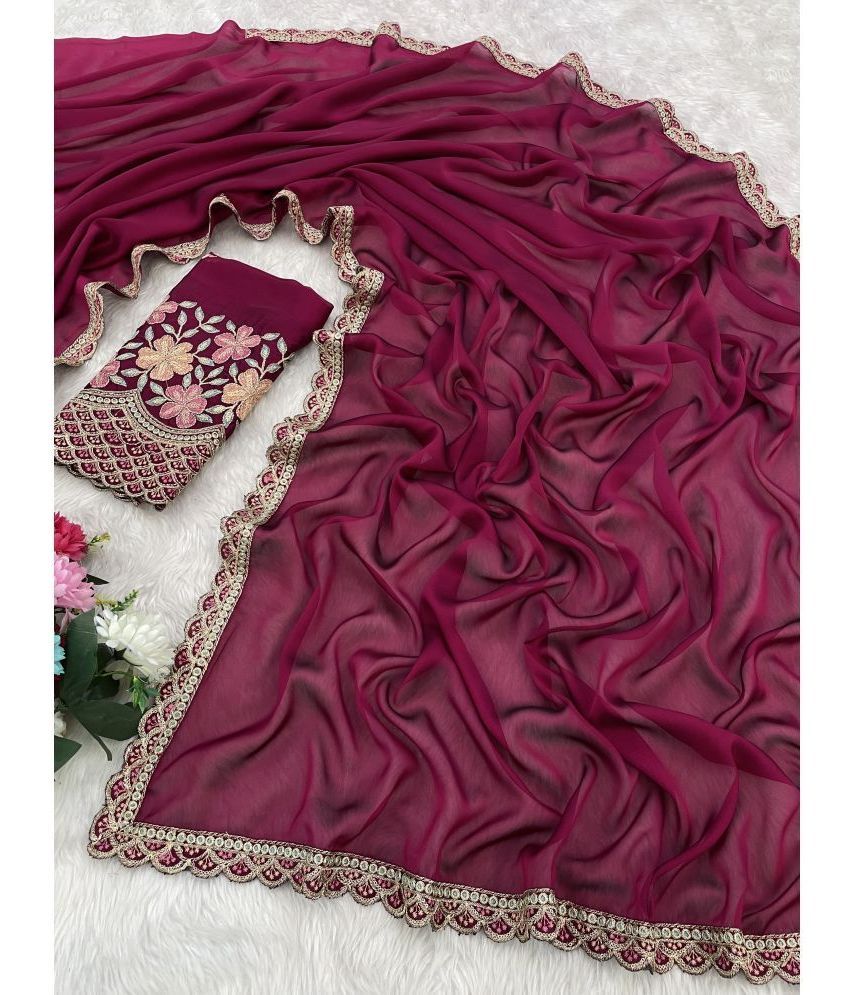     			Gullak Chiffon Embroidered Saree With Blouse Piece ( Pink , Pack of 1 )