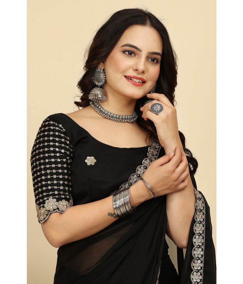     			Gullak Chiffon Printed Saree With Blouse Piece ( Black , Pack of 1 )