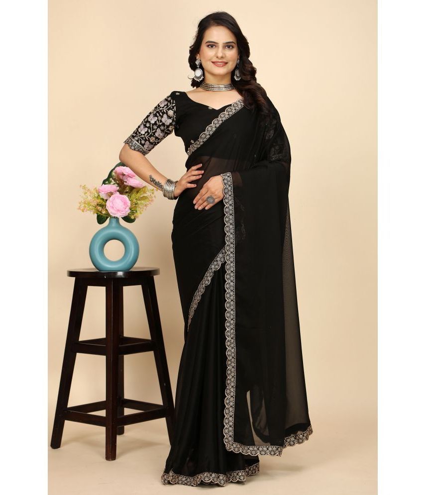     			Gullak Chiffon Printed Saree With Blouse Piece ( Black , Pack of 1 )