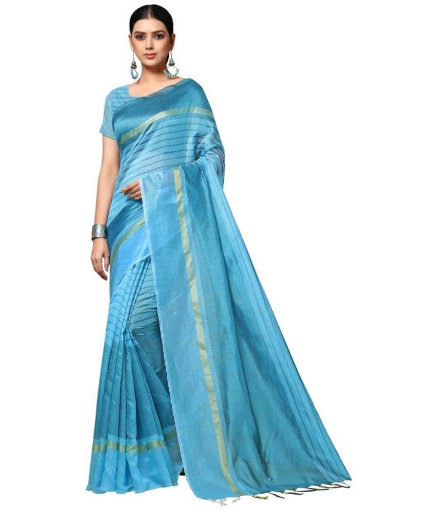     			Gullak Cotton Blend Striped Saree With Blouse Piece ( Aqua Blue , Pack of 1 )