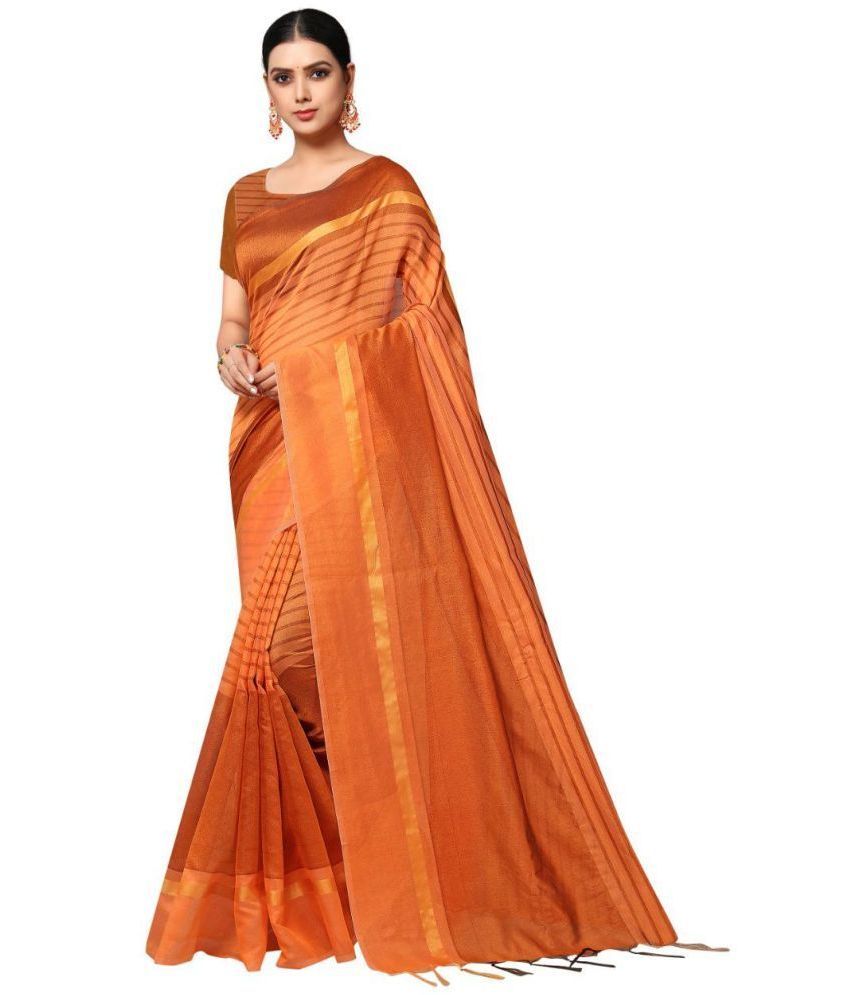     			Gullak Cotton Blend Striped Saree With Blouse Piece ( Orange , Pack of 1 )