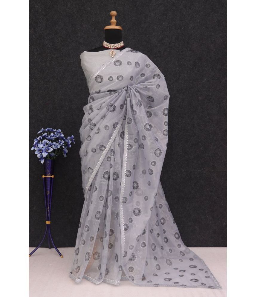     			Gullak Net Dyed Saree With Blouse Piece ( Grey , Pack of 1 )