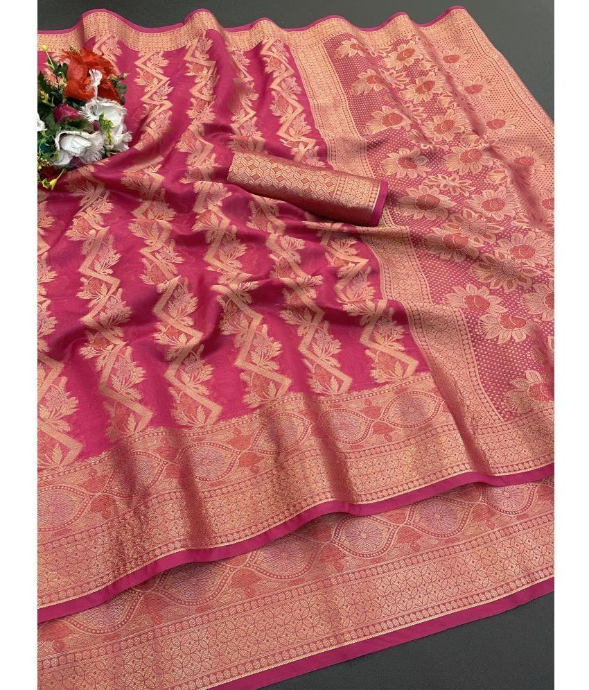     			Gullak Organza Embellished Saree With Blouse Piece ( Pink , Pack of 1 )