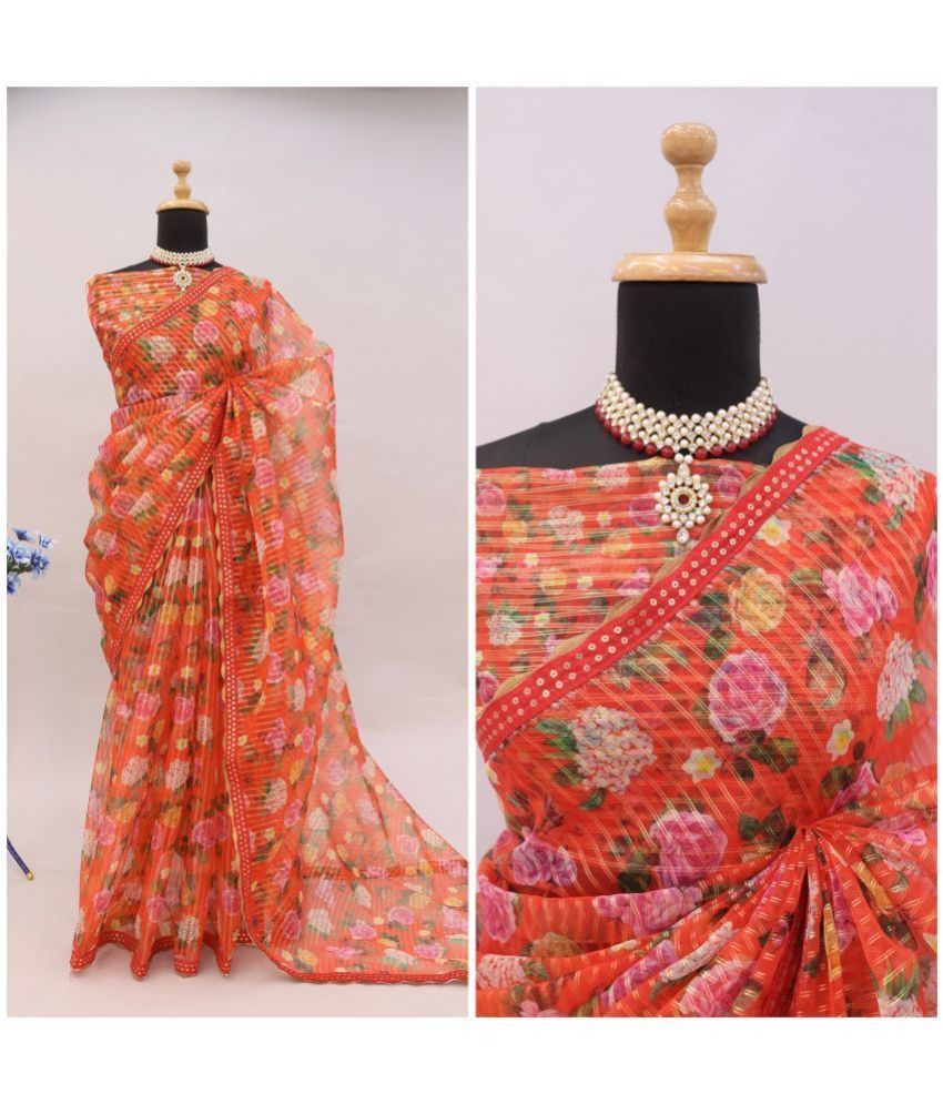     			Gullak Organza Printed Saree With Blouse Piece ( Orange , Pack of 1 )