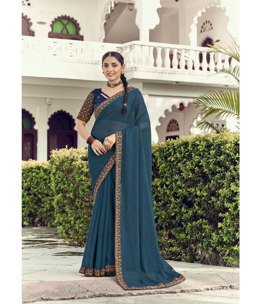     			Gullak Shimmer Embroidered Saree With Blouse Piece ( Teal , Pack of 1 )