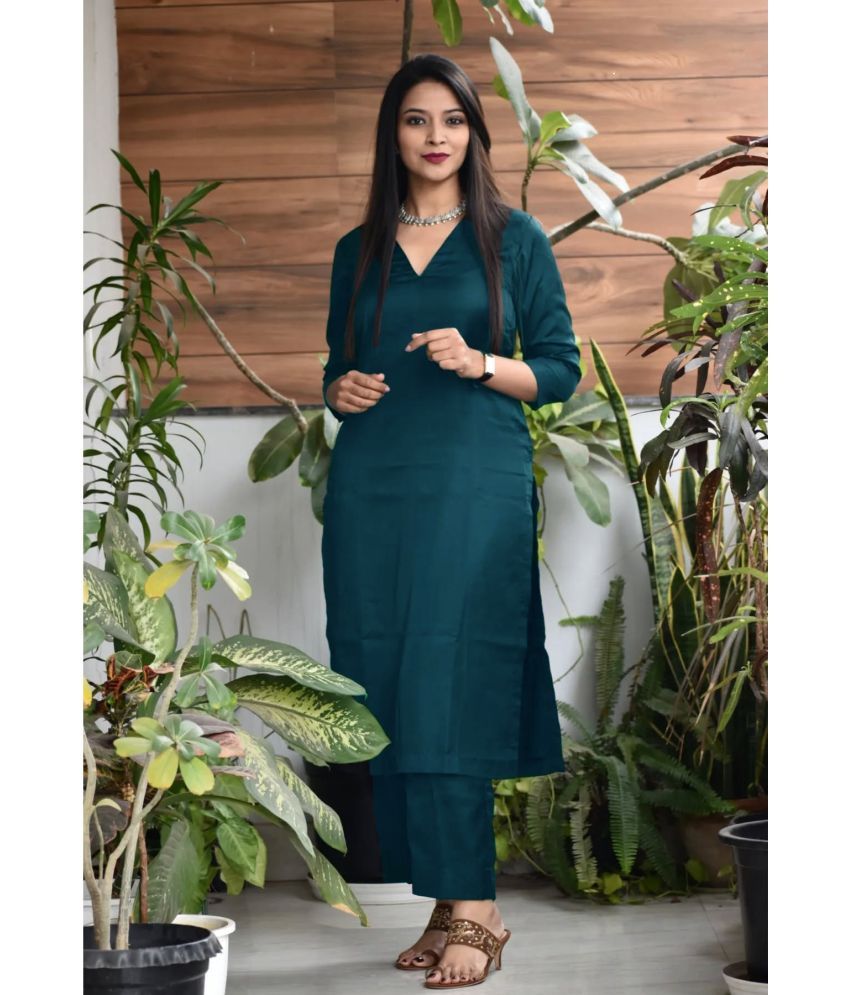     			Nirja Fab Rayon Solid Kurti With Pants Women's Stitched Salwar Suit - Teal ( Pack of 1 )