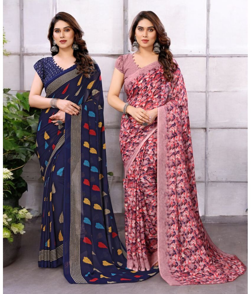     			TTH Georgette Printed Saree With Blouse Piece ( Multicolor , Pack of 2 )