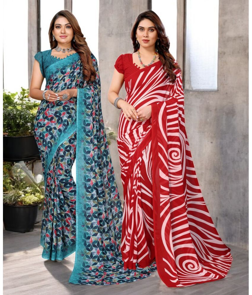     			TTH Georgette Printed Saree With Blouse Piece ( Multicolor , Pack of 2 )