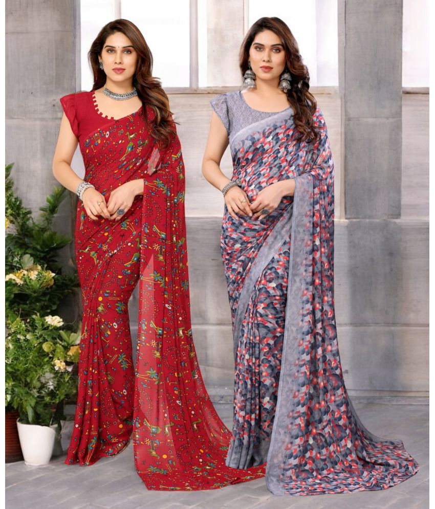     			TTH Georgette Printed Saree With Blouse Piece ( Multicolor , Pack of 2 )