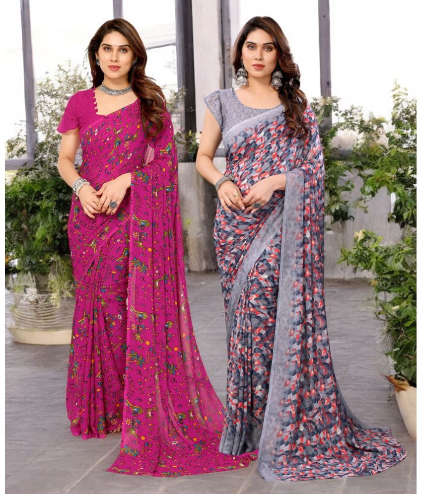     			TTH Georgette Printed Saree With Blouse Piece ( Multicolor , Pack of 2 )