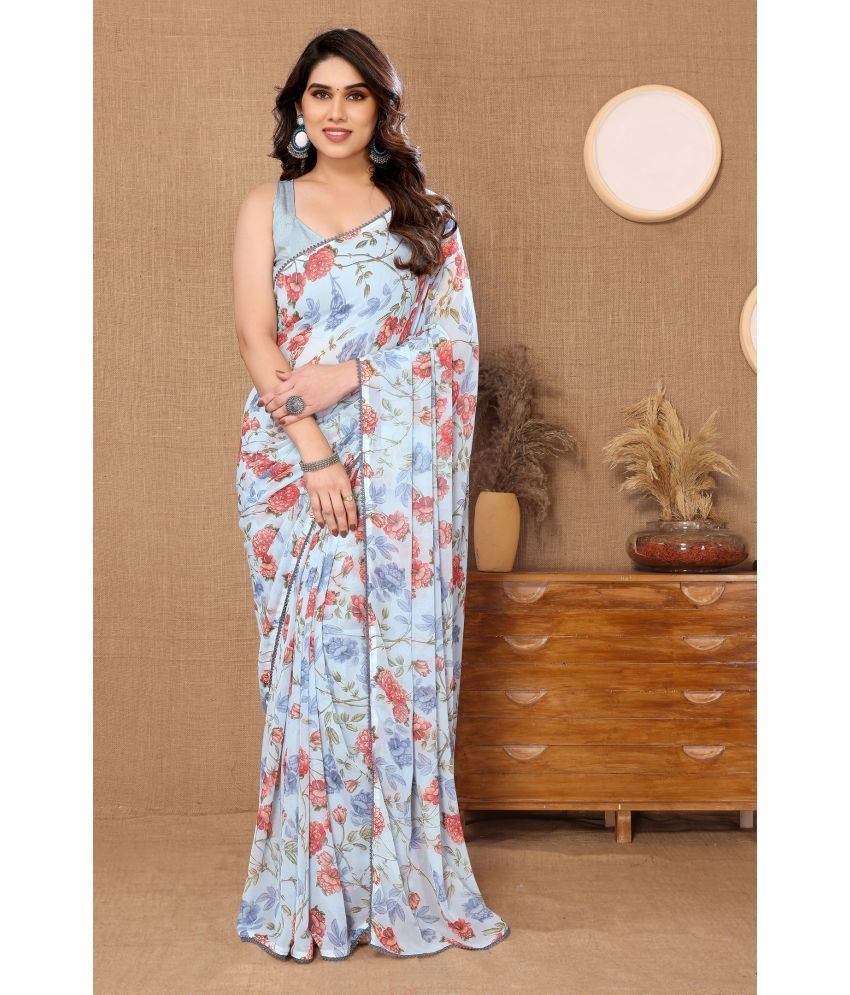     			VEDANT VASTRAM Georgette Printed Saree With Blouse Piece ( Blue , Pack of 1 )