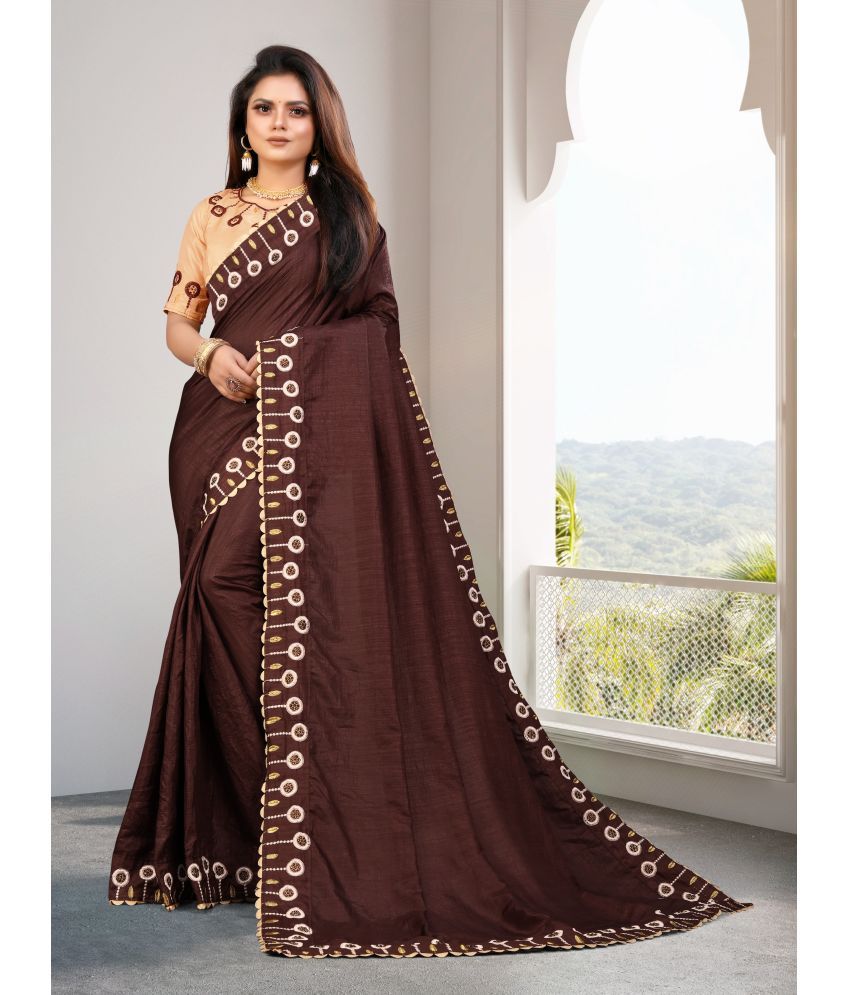     			VEDANT VASTRAM Silk Blend Embroidered Saree With Blouse Piece ( Brown , Pack of 1 )