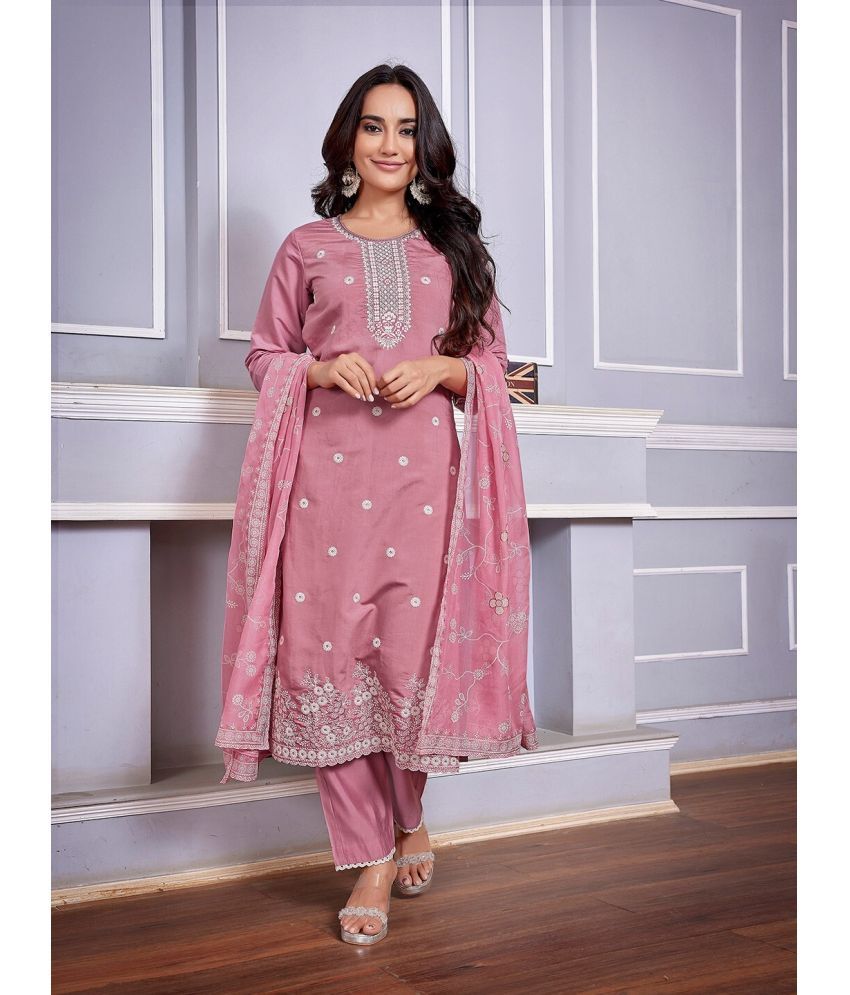     			anushansa Silk Blend Embroidered Kurti With Pants Women's Stitched Salwar Suit - Pink ( Pack of 1 )