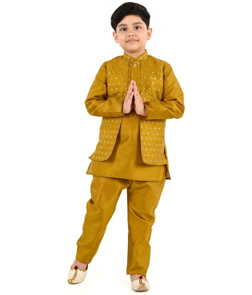     			s muktar garments Baby Boys Cotton Blend Sequined - Pattern Kurta Pyjama Set ( Mustard , Pack of 1 )