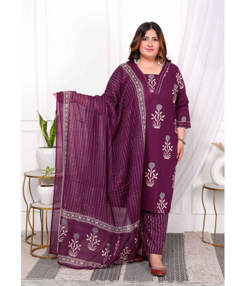     			Angiya Cotton Printed Kurti With Pants Women's Stitched Salwar Suit - Purple ( Pack of 1 )