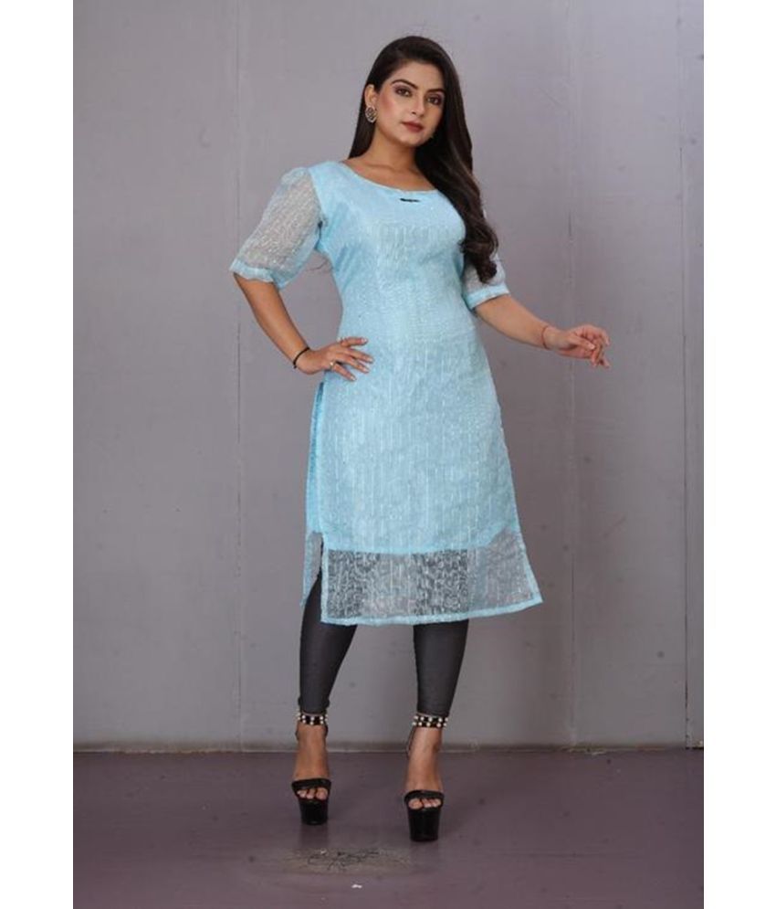     			BOUGHT FIRST Pack of 1 Organza Embroidered Straight Women's Kurti - ( Light Blue )