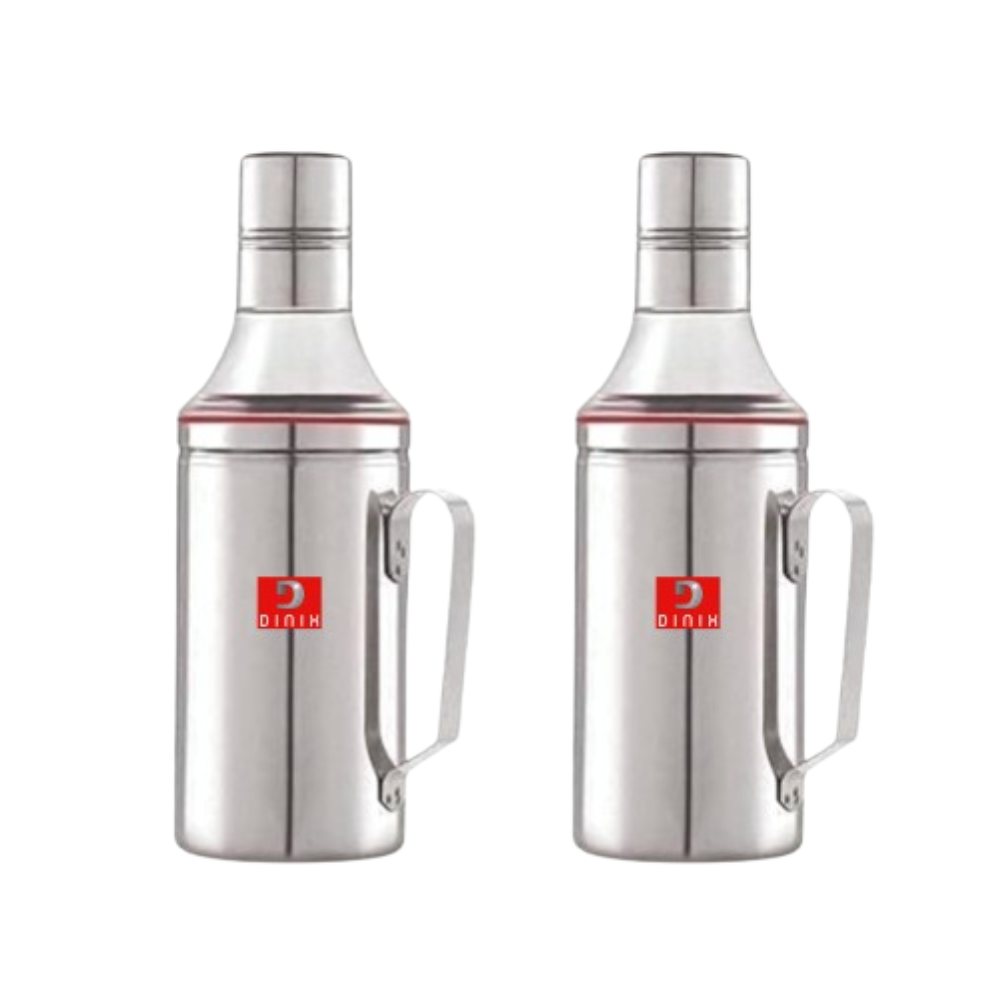     			DINIX Stainless Steel Oil Dispenser with Nozzle 1 Litre Oil Container Oil Pourer Oil Pot Oil Can Oil Bottle with Handle, Pack of 2 (1000 ML)