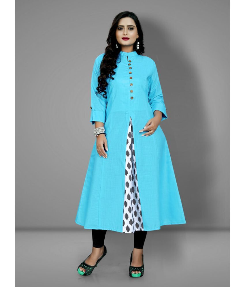     			Hetsa Pack of 1 Cotton Blend Printed Front Slit Women's Kurti - ( Light Blue )