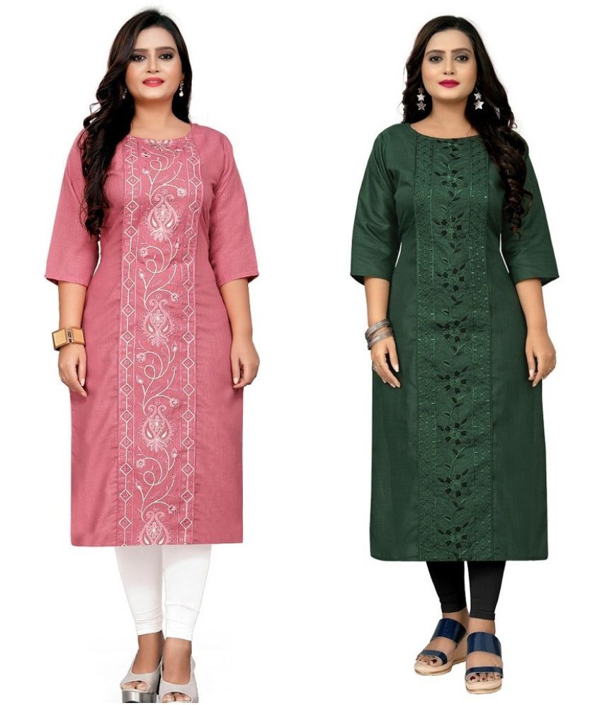     			Hetsa Pack of 2 Cotton Blend Embroidered Straight Women's Kurti - ( Multicolor )