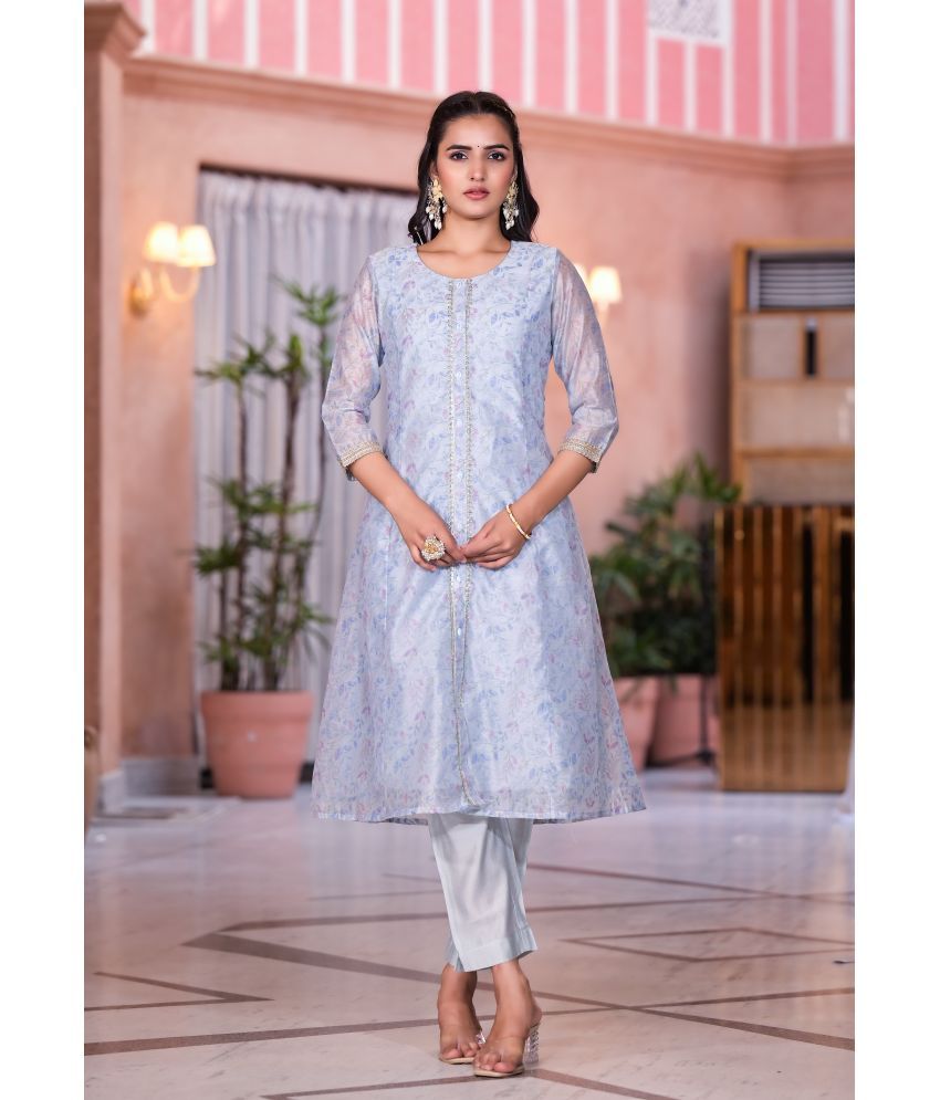     			Juniper Silk Printed Kurti With Pants Women's Stitched Salwar Suit - Grey ( Pack of 1 )