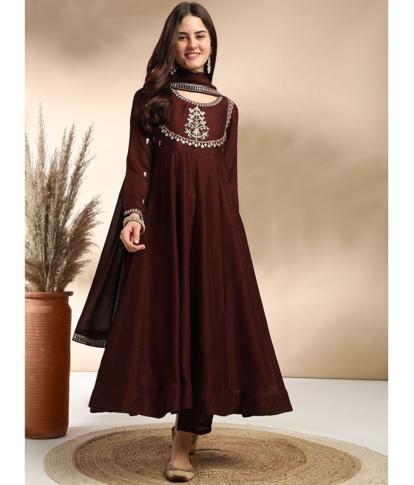     			KC Kunj Creation Chanderi Embroidered Kurti With Pants Women's Stitched Salwar Suit - Brown ( Pack of 1 )