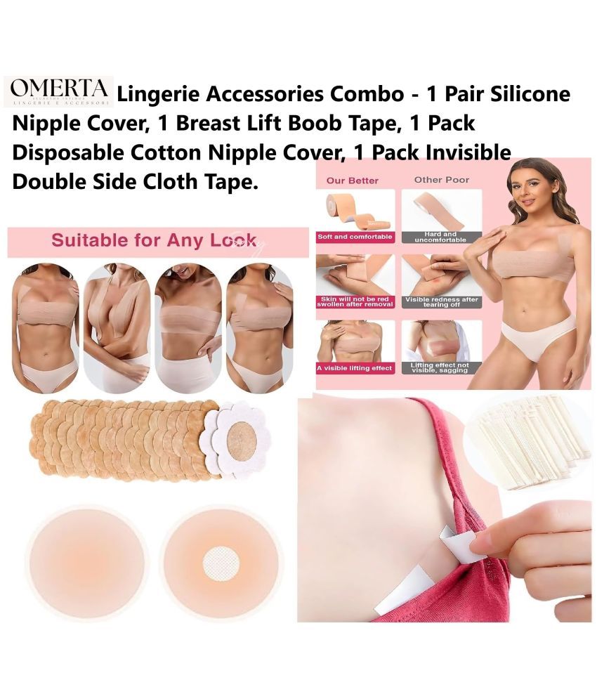     			Omerta Best Quality Cheapest Lingerie Accessories Combo - Breast Lift Boob Tape, Flix 10 Times Reusable Silicone Nipple Cover, Disposable Cotton Nipple Cover & Double Side Invisible Fashion Body Tape - 1 Pack Each Item