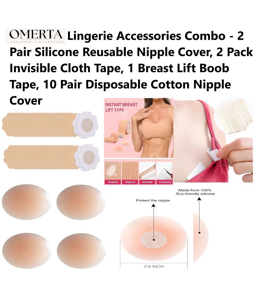     			Omerta Best Quality Cheapest Lingerie Accessories Combo - Breast Lift Boob Tape (1), Flix 10 Times Reusable Silicone Nipple Cover (2), Disposable Cotton Nipple Cover (2) & Double Side Invisible Fashion Body Tape (2)