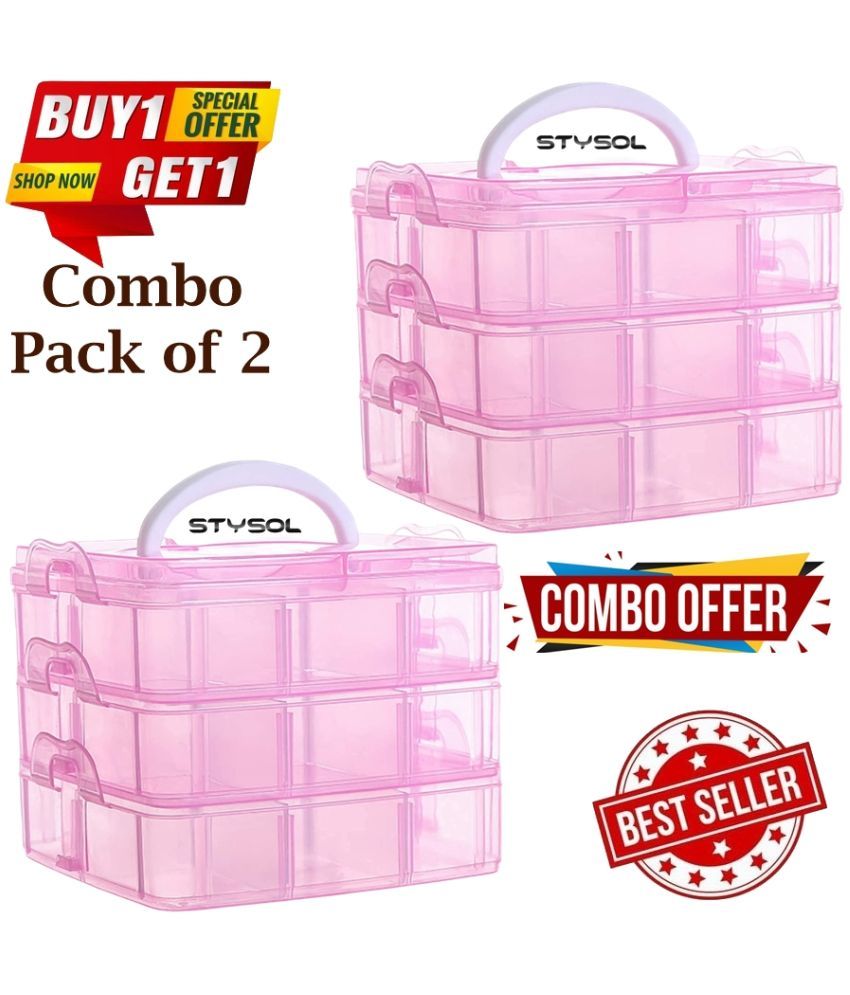     			Stysol 18 Grid Pack Of 2 Jewellery Organiser Storage Box Cosmetic Box Plastic 3 Layer With Handle Storage Organizer For Small Items