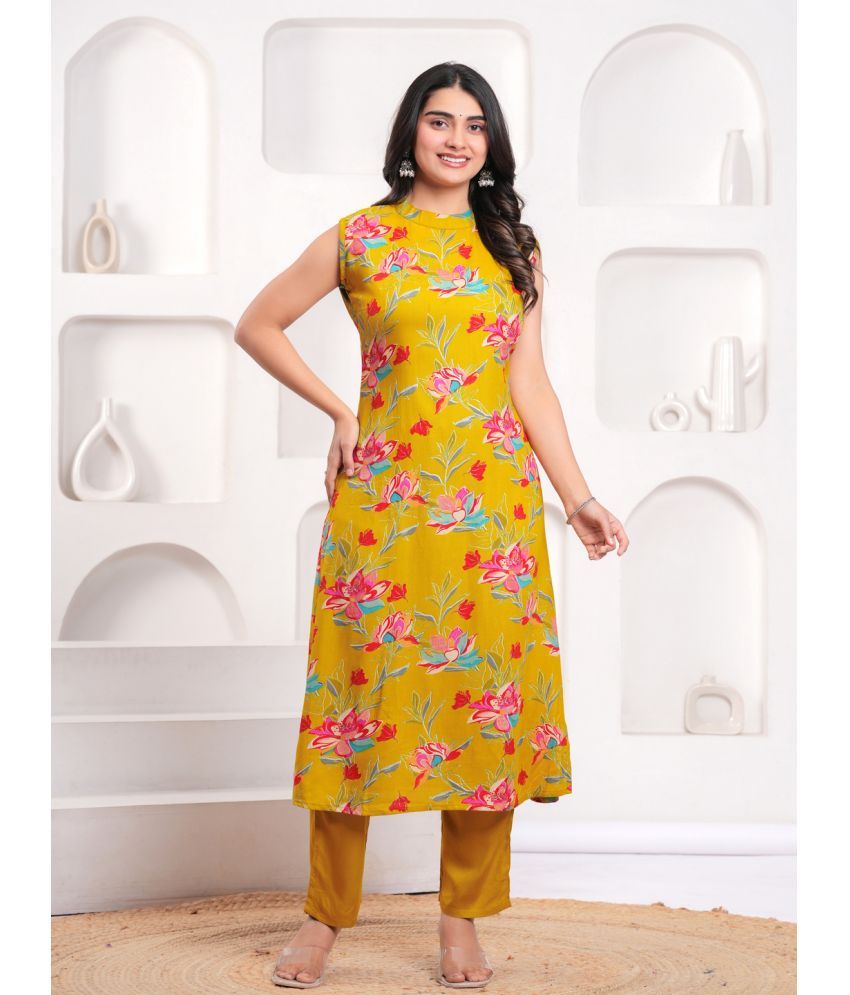     			YAGNIK FASHION Cotton Blend Printed Kurti With Pants Women's Stitched Salwar Suit - Yellow ( Pack of 1 )