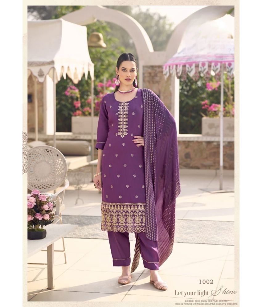     			fvd Silk Blend Embroidered Kurti With Pants Women's Stitched Salwar Suit - Purple ( Pack of 1 )