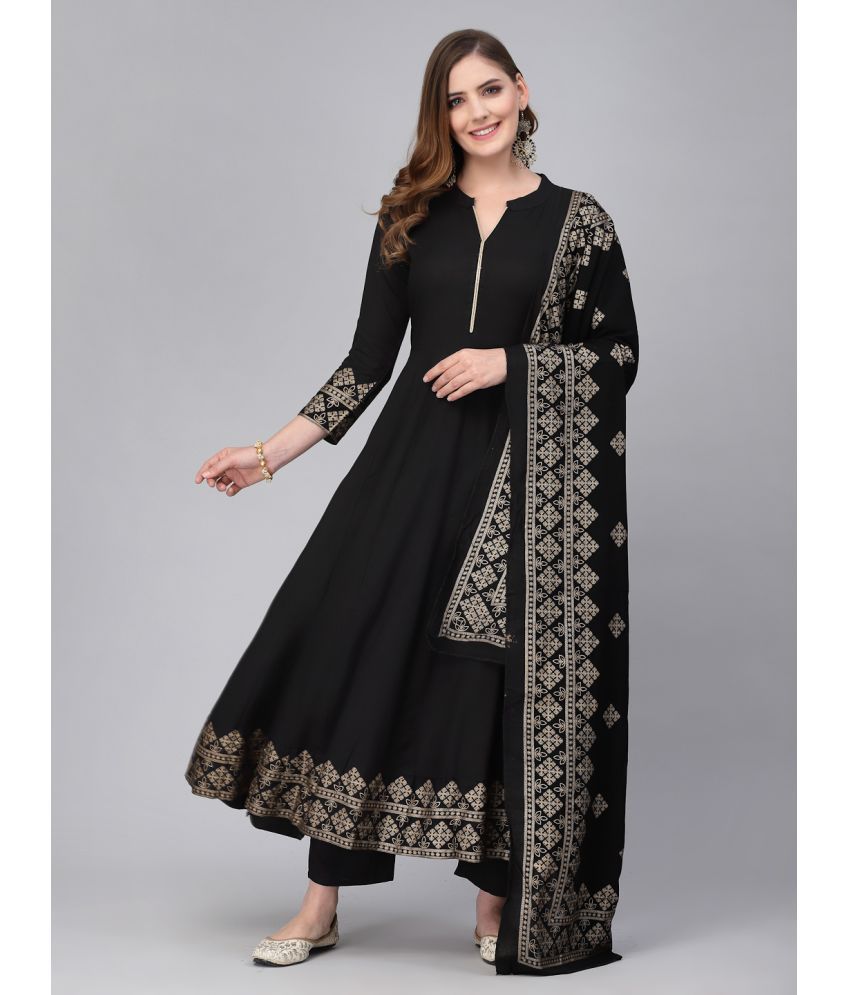     			Jaipuri Bunaai Rayon Printed Kurti With Pants Women's Stitched Salwar Suit - Black ( Pack of 1 )