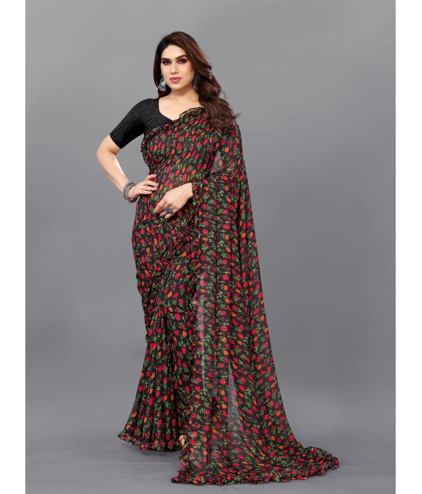     			SARIK  FASHION Chiffon Printed Saree With Blouse Piece ( Black , Pack of 1 )