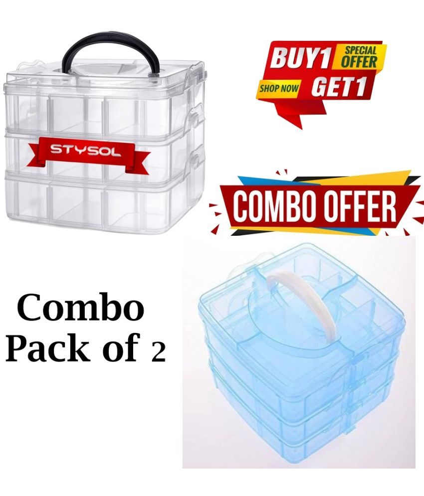     			Stysol Combo Pack of 2 Buy 1 Get 1 Free Transparent Plastic 3 Layer 18 Grid Sections Adjustable Compartment Slot Art Craft Storage Organizer Box for Cosmetic Jewellery Craft Accessories Sewing Box Earrings Ring Box (White)