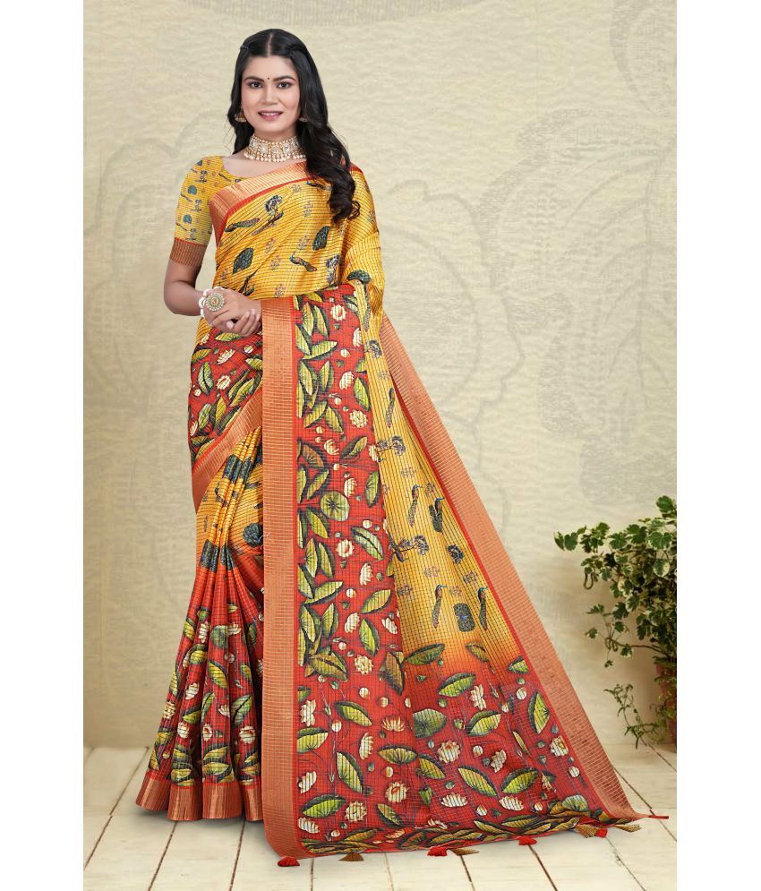     			KOMAL NX Cotton Printed Saree With Blouse Piece ( Yellow,Red , Pack of 1 )