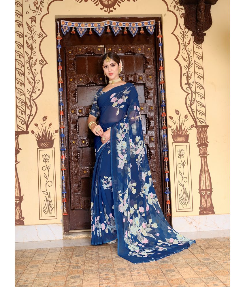     			KOMAL NX Georgette Printed Saree With Blouse Piece ( Blue , Pack of 1 )