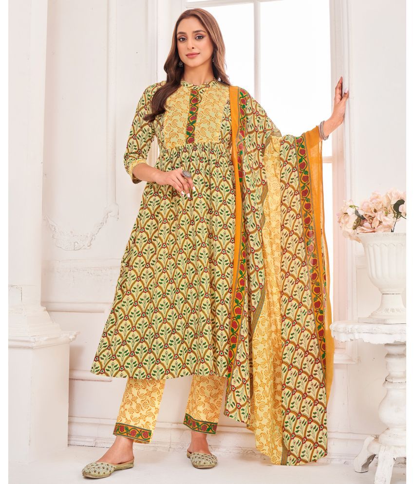     			MOJILAA Cotton Blend Printed Kurti With Pants Women's Stitched Salwar Suit - Yellow ( Pack of 1 )