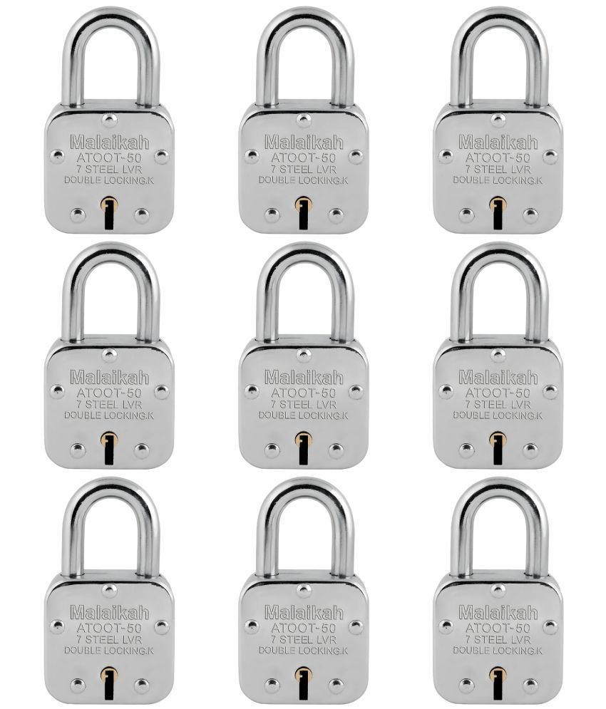     			Malaikah 50 mm With 3 Keys Padlock, Atoot 50mm Double Locking 8 Lever Square Lock Pack Of 9, Ideal for Gate, Shutter and Shop, Ideal for Gate, Shutter and Shop Made in Aligarh, India