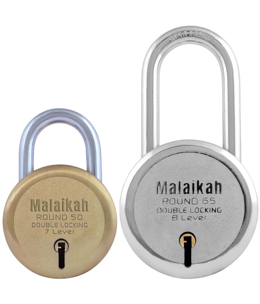     			Malaikah Locks Padlocks Pack Of 2 Gold 50mm And Round 65mm Long Shackle Made In Aligarh India Premium Quality Locks Offering Maximum Security With 7-Lever Mechanism And Solid Steel Build