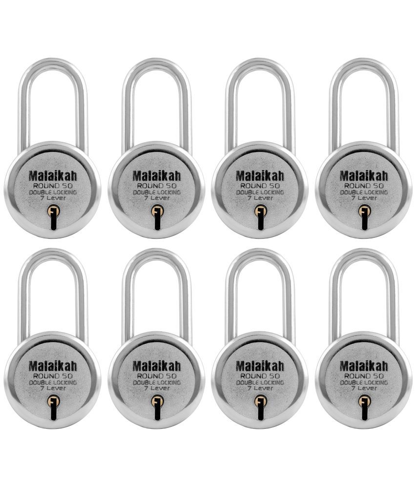     			Malaikah Round 50 mm Padlock Long Shackle Double Locking 7 Lever With 3 Keys, Ideal for Gate, Shutter and Shop, Ideal for Gate, Shutter and Shop Made in Aligarh, India, Pack of 8