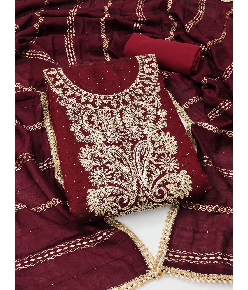     			Nayanthara Trends Unstitched Chanderi Embellished Dress Material - Maroon ( Pack of 1 )