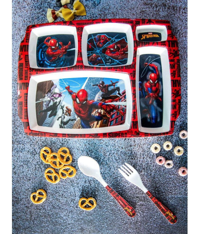     			Servewell Plate, Fork & Spoon Spiderman  Printed Melamine Dinner Set ( Pack of 3 ) White