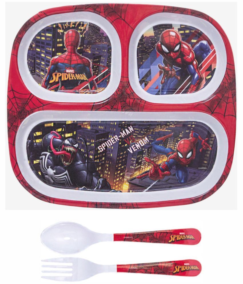     			Servewell Plate, Fork & Spoon -Spiderman Printed Melamine Dinner Set ( Pack of 3 ) Multicolor