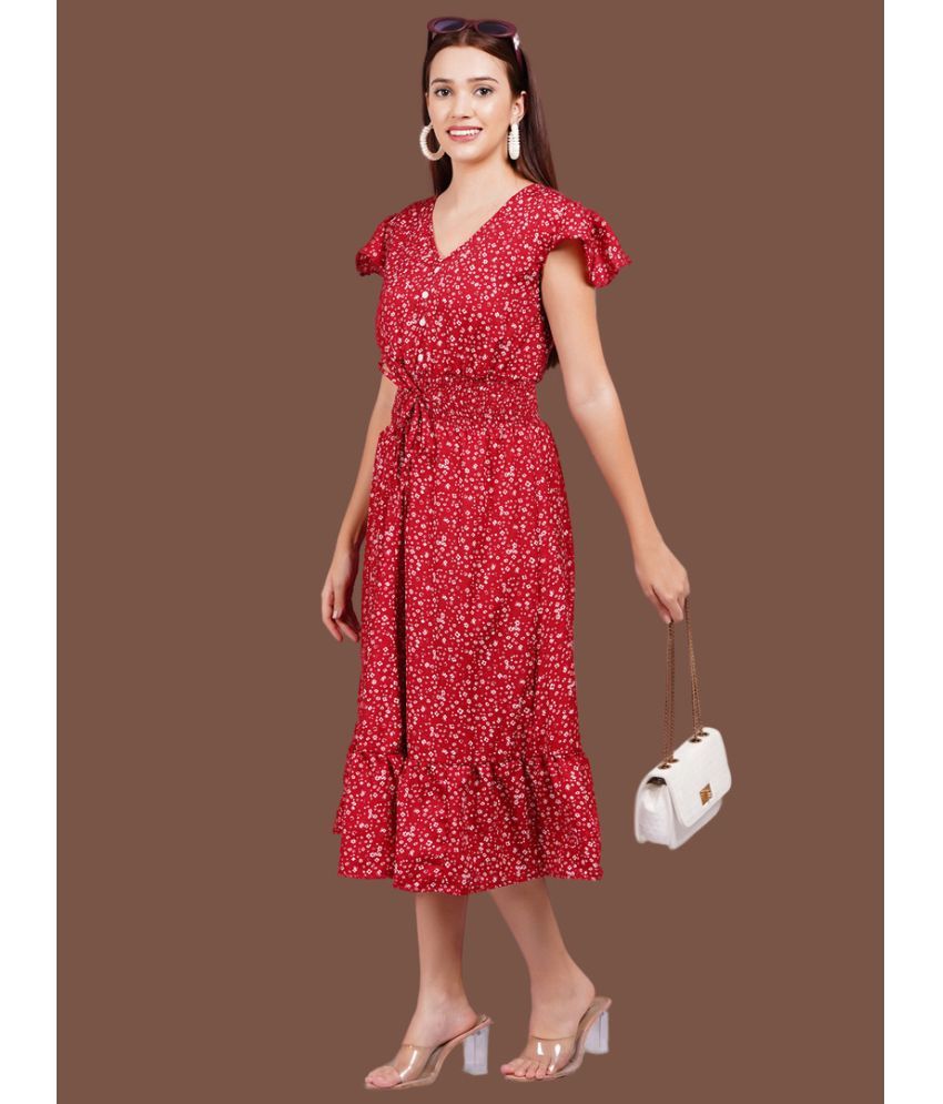     			Oh Mi Dios Crepe Printed Calf-Length Women's Fit & Flare Dress - Red ( Pack of 1 )