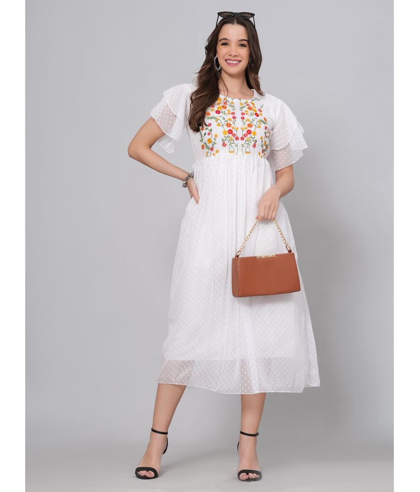     			Oh Mi Dios Georgette Embroidered Calf-Length Women's Fit & Flare Dress - White ( Pack of 1 )