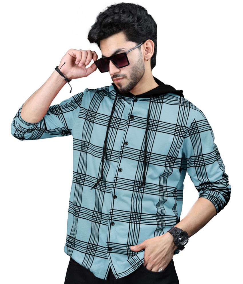     			Eyebogler Cotton Blend Regular Fit Checks Full Sleeves Men's Hooded T-Shirt - Blue ( Pack of 1 )