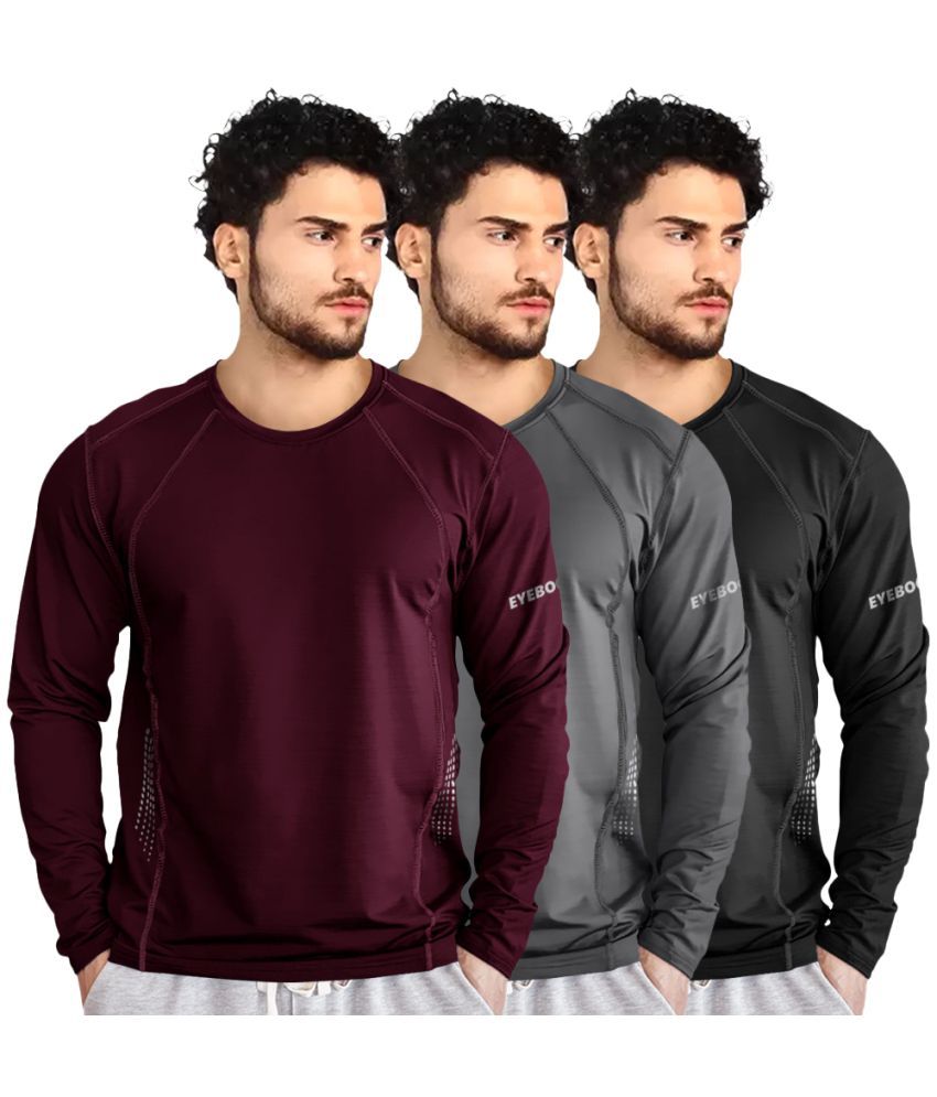     			Eyebogler Polyester Regular Fit Solid Full Sleeves Men's Round T-Shirt - Red ( Pack of 3 )