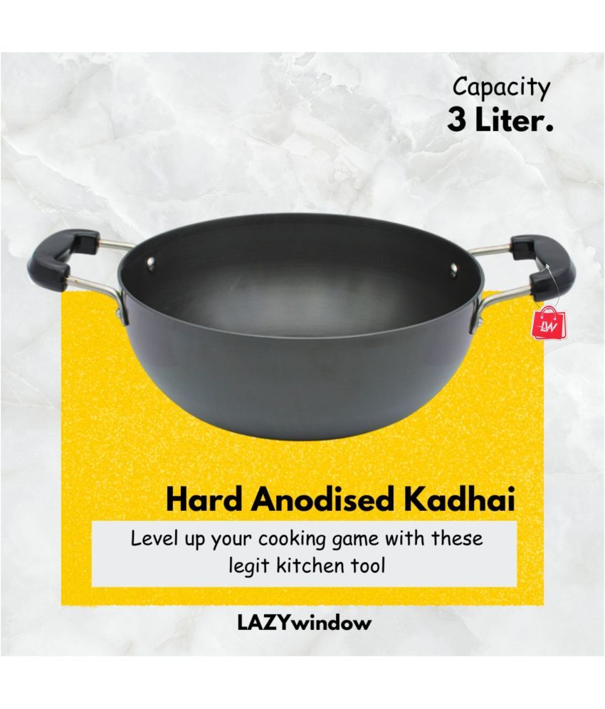     			LAZYWINDOW Non coated Aluminium Deep Kadhai Induction Bottom Stainless Steel Handle 3 Thickness mm 25 cm Diameter ( 3 L )